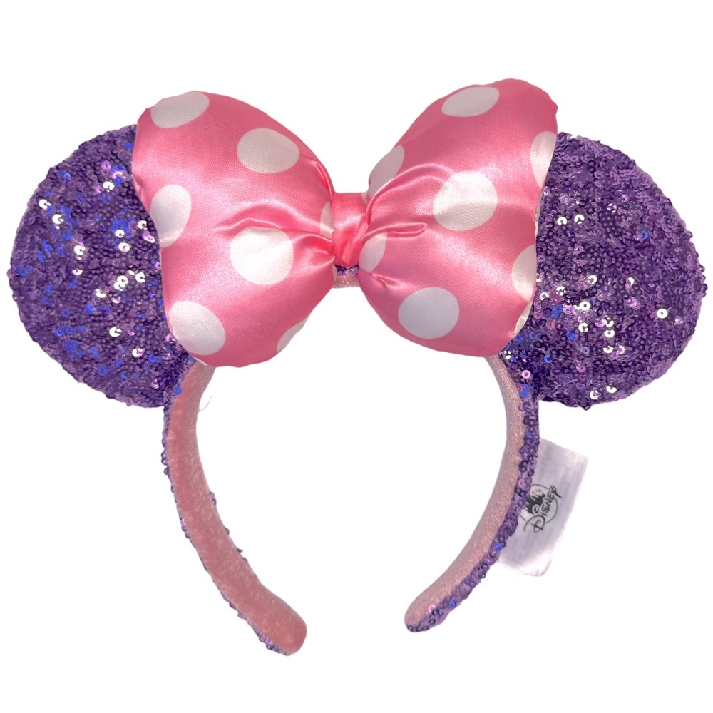Disney Minnie Mouse Purple Sequin Ear Headband with Pink Polka Dot Bow